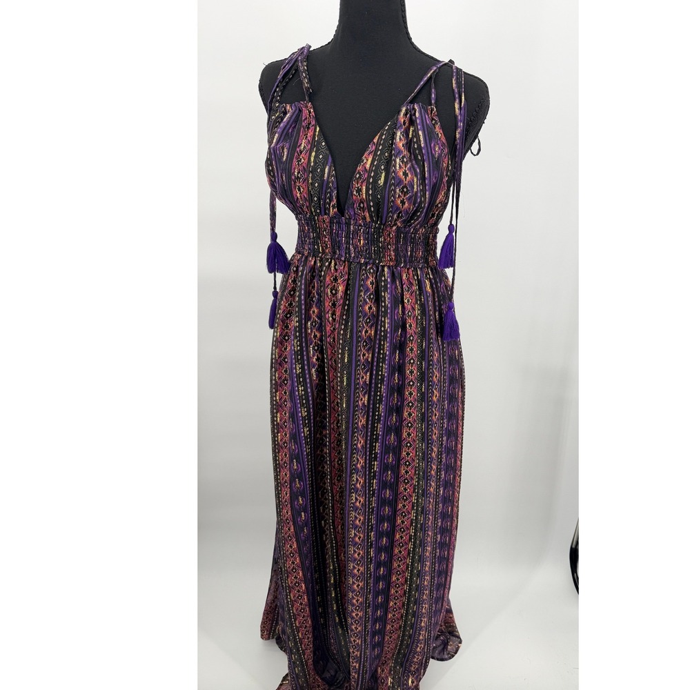 En Creme Maxi Dress Womens M Purple Boho Gold Metallic Tassel Good Condition